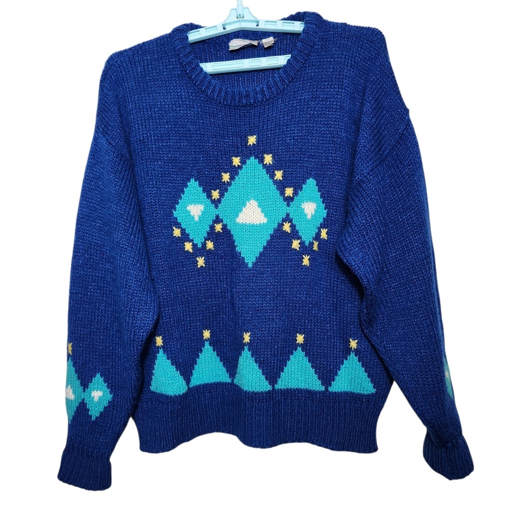 Vintage 80s SUNDAYS XL Blue Geometric Knit Sweater Made in Korea Cobalt Chunky